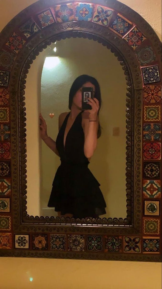Vestido negro corto de gasa con cuello halter, corte A, estilo mini, formal, para octavo grado, de regreso a casa, de escuela secundaria, semiformal, para cóctel, DH1677
