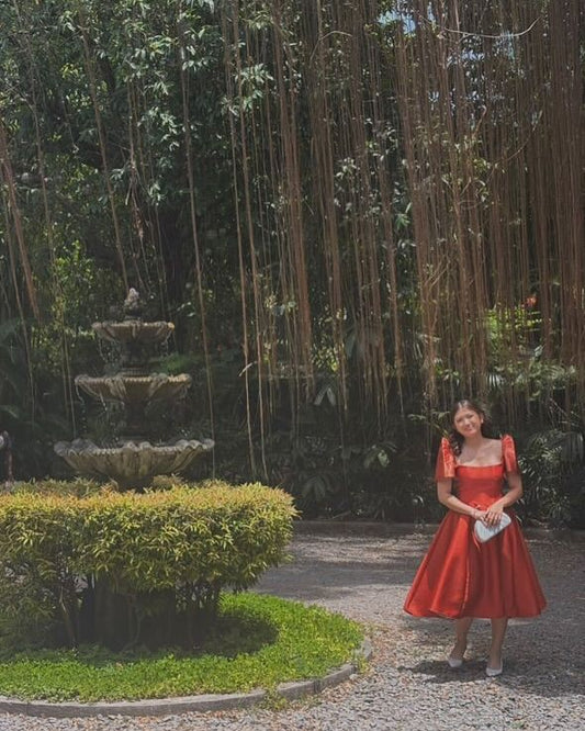 Vestido de fiesta modesto con tirantes en rojo óxido hasta la rodilla, vestido formal para octavo grado, vestido de fiesta semiformal para escuela secundaria, atuendos de cóctel DH1679