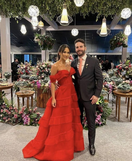 Elegante vestido de fiesta largo en rojo óxido con hombros descubiertos, corte A, para cumpleaños número 21, DH168