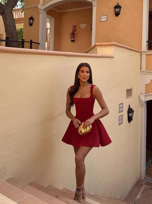 Vestido corto de satén burdeos con escote cuadrado y corte A, estilo formal, para regreso a casa, de octavo grado, semiformal, para escuela secundaria, cóctel, DH1680
