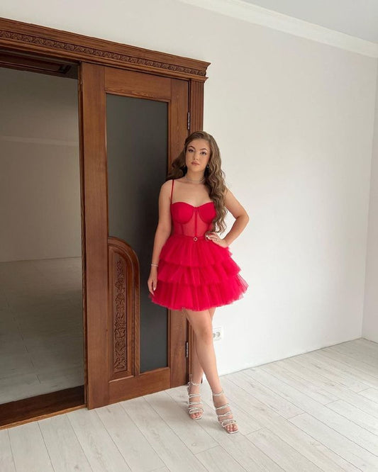 Vestidos de fiesta cortos de tul rojo con corte en A y tirantes finos para octavo grado, semi formales, para escuela secundaria, cóctel, DH1682