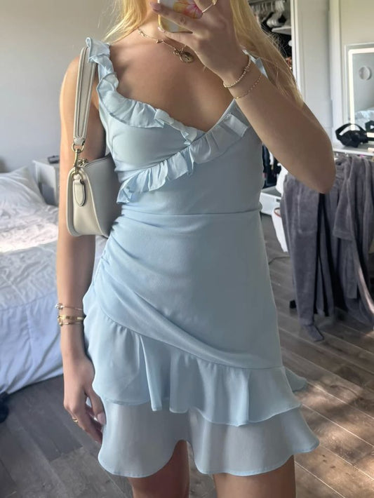 Vestido elegante de fiesta ajustado con tirantes finos en gasa azul cielo claro para octavo grado, vestido de fiesta para escuela secundaria, vestido de cumpleaños, atuendos de fiesta DH1699