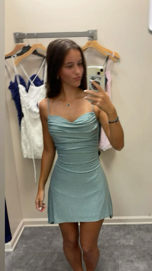 Vestidos de fiesta cortos, de corte A, con tirantes finos y lentejuelas azules, para octavo grado, de graduación, de escuela secundaria, semi formales, estilo Hoco, DH1714