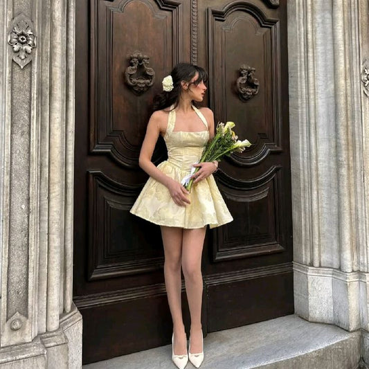 Vestidos Hoco únicos, vestido de fiesta, cuello halter, amarillo, corto, de satén, mini, formal, para octavo grado, regreso a casa, escuela secundaria, 18.º cumpleaños, atuendo Hoco DH1715