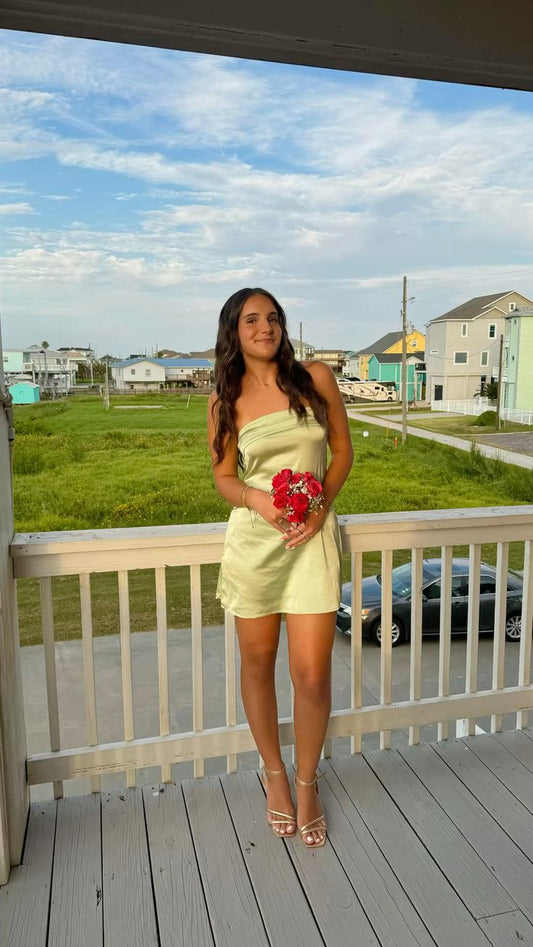 Vestidos Hoco clásicos, corte A, sin tirantes, verde salvia, cortos, de satén, mini, formales, para el regreso a casa de octavo grado, para la escuela secundaria, para el 18.º cumpleaños, atuendo Hoco DH1725