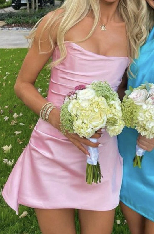 Vestido corto de satén rosa, elegante, corte A, sin tirantes, para fiesta de 8.º grado, de escuela secundaria, para 16.º cumpleaños, DH1745