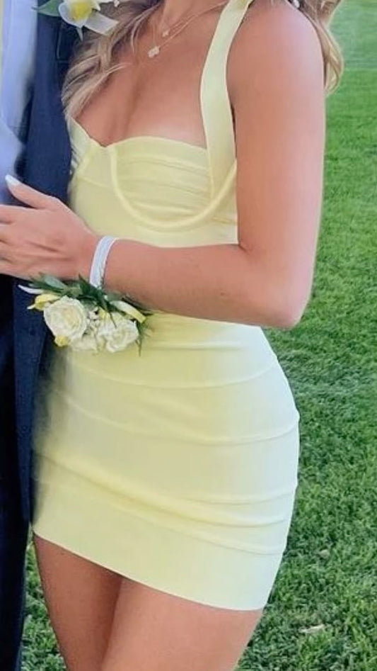 Vestido corto amarillo elegante con escote corazón, minivestido formal para octavo grado, vestido de fiesta de secundaria, vestido de fiesta para 21 años, atuendos Hoco DH1752
