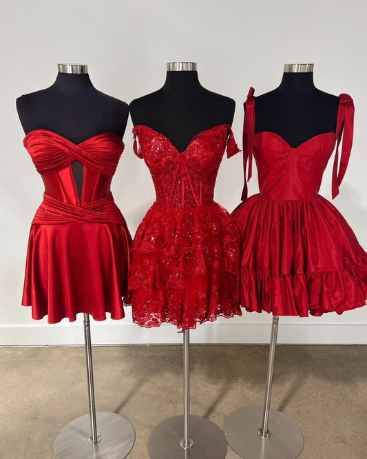Vestido corto de satén rojo con escote en forma de A, elegante, minivestido formal para octavo grado, vestido de fiesta de secundaria, vestido de fiesta para 16.º cumpleaños, trajes Hoco DH1754