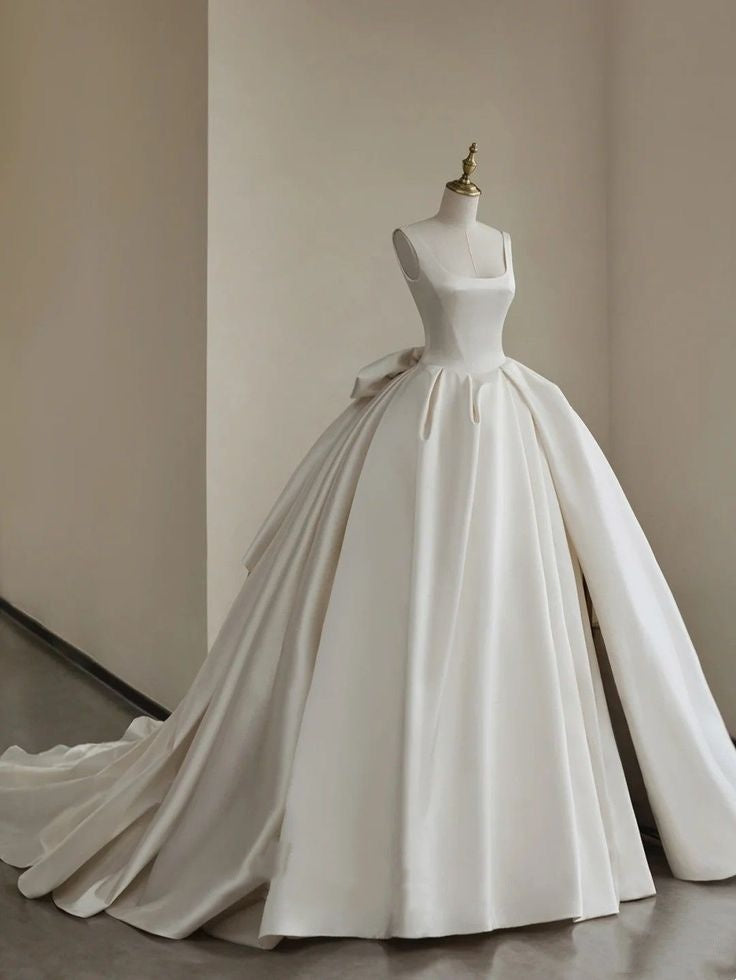 Vestido de novia romántico, vestido de novia, vestido de fiesta, escote cuadrado, vestido de novia de satén, vestidos de novia color marfil, vestidos de novia modestos, DH1781
