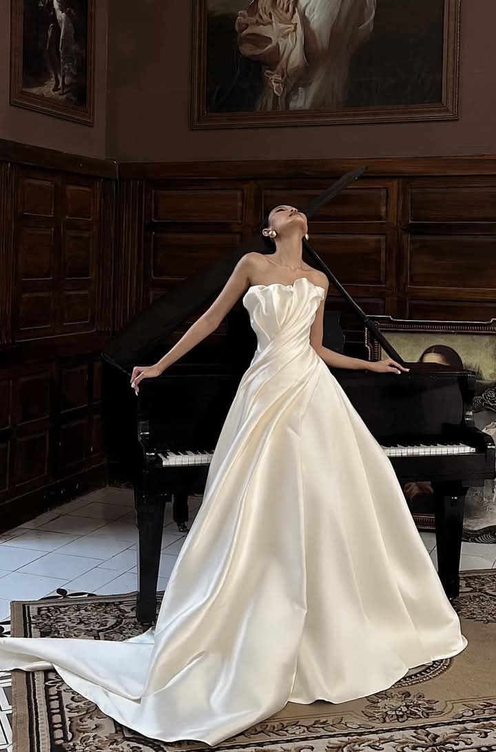 Vestido de novia romántico, vestido de novia, vestido de fiesta, vestido de novia de satén sin tirantes, vestidos de novia blancos, vestidos de novia modestos DH1788
