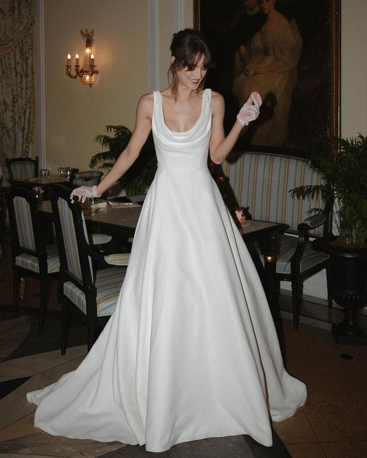 Vestido de novia sencillo, corte A, cuadrado, de satén, blanco, modesto, DH1791