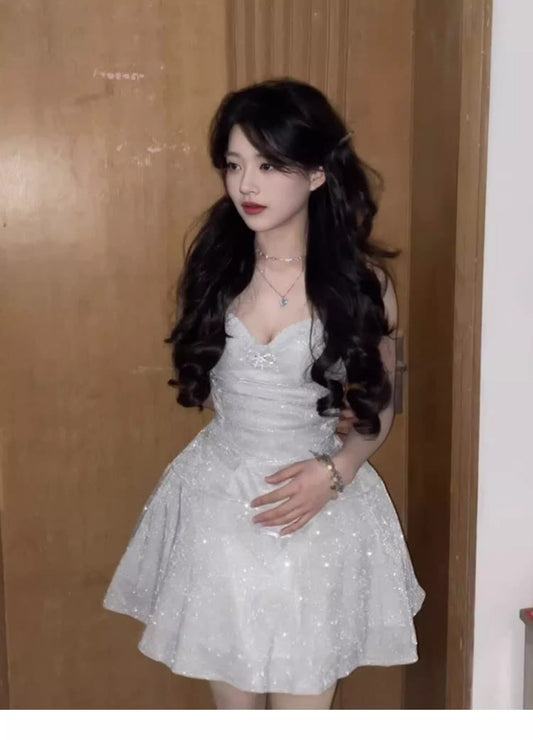 Vestido corto blanco elegante de corte A con tirantes finos y lentejuelas para fiesta de 8.º grado, vestido de fiesta Hoco Court para secundaria, vestido para cumpleaños número 21, atuendos Hoco DH1797