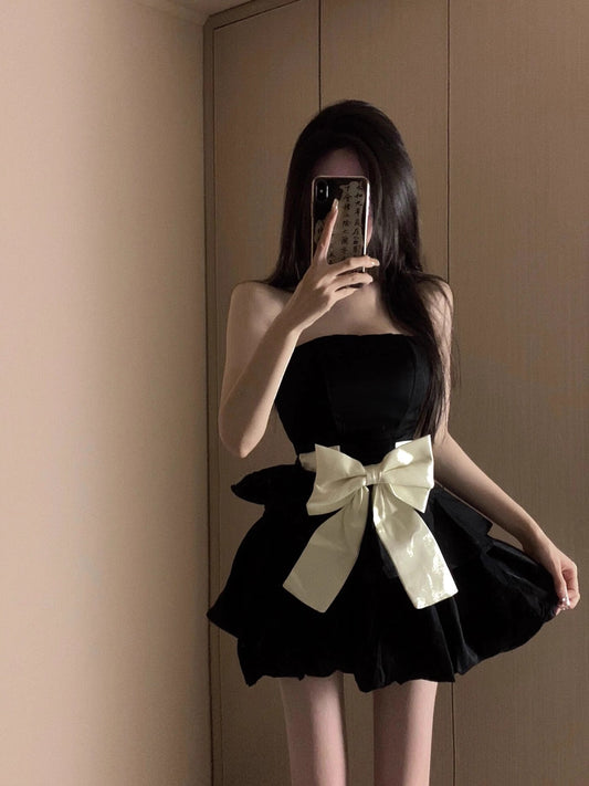 Vestido de fiesta elegante, sin tirantes, negro, corto, mini, formal, para octavo grado, de regreso a casa, de secundaria, para el 21.º cumpleaños, DH1799