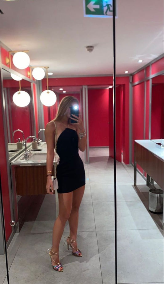 Classy Sheath High Neck Satin Short Mini Formal 8th Grade Black Homecoming Dresses High School Hoco Court Dress Graduation Dress Hoco Outfits DH1809