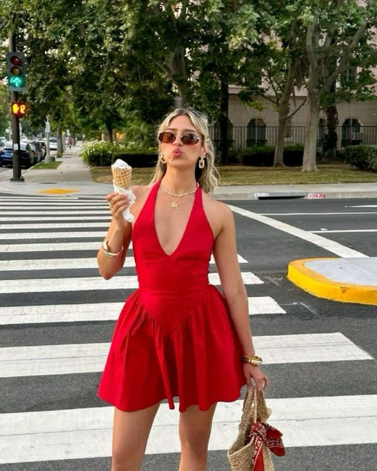 Cute A line Halter Red Satin Grad Dress Inspo Short Mini Formal 8th Grade Homecoming Dresses High School Hoco Court Dress Graduation Dress Hoco Outfits DH1814