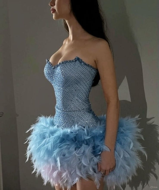 Vestido corto de cóctel con escote en forma de corazón, con cuentas azules, plumas y lentejuelas, para octavo grado, para escuela secundaria, D1873