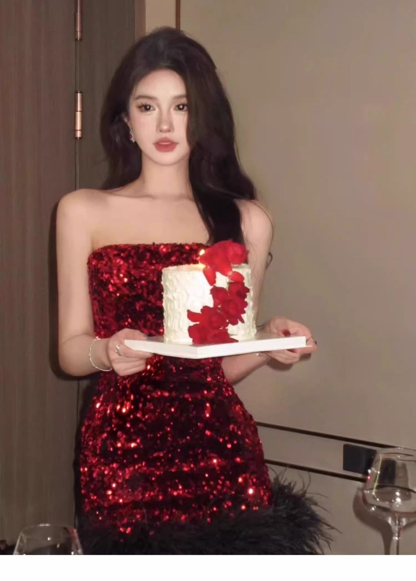 Classy Sheath Strapless Burgundy Sequin Feathers Short Mini Formal 8th Grade Homecoming Dresses Middle School Hoco Court Dress 16th Birthday Dress Hoco Outfits DH1884