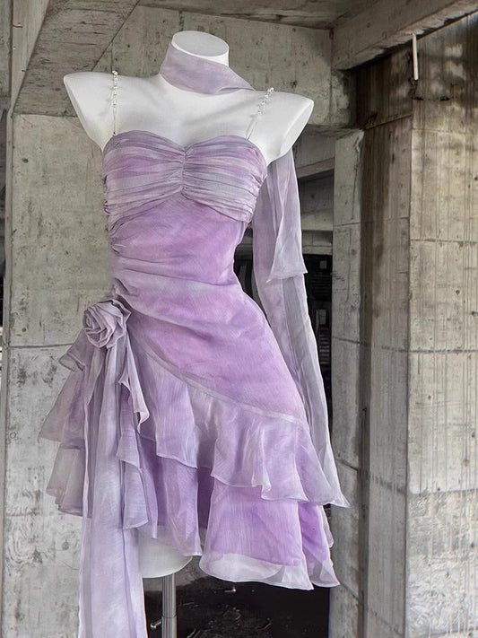 Vestido elegante de corte A con tirantes finos, de gasa lila, corto y mini, para fiesta de 8.º grado, para escuela secundaria, para cumpleaños número 16, DH1890