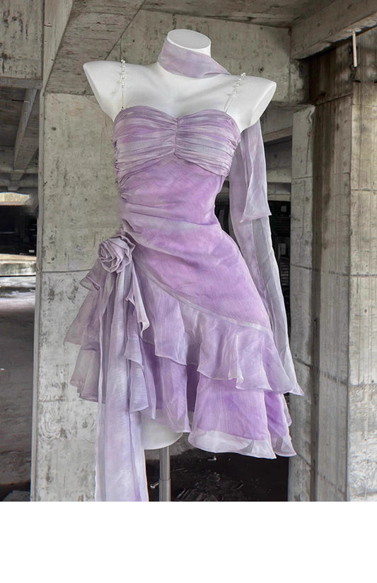 Vestido elegante de corte A con tirantes finos, de gasa lila, corto y mini, para fiesta de 8.º grado, para escuela secundaria, para cumpleaños número 16, DH1890