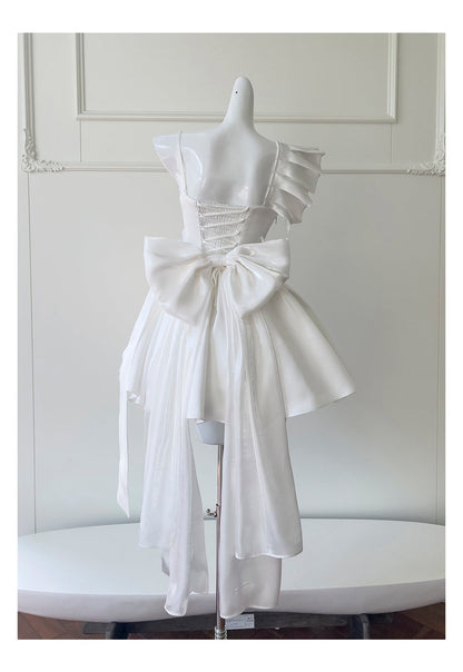 Cute A Line One Shoulder White Satin Short Mini Formal 8th Grade Homecoming Dresses High School Hoco Court Dress Graduation Dress Cocktail Outfits DH1898
