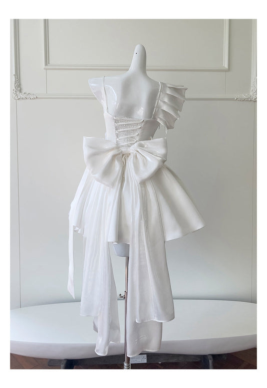 Cute A Line One Shoulder White Satin Short Mini Formal 8th Grade Homecoming Dresses High School Hoco Court Dress Graduation Dress Cocktail Outfits DH1898