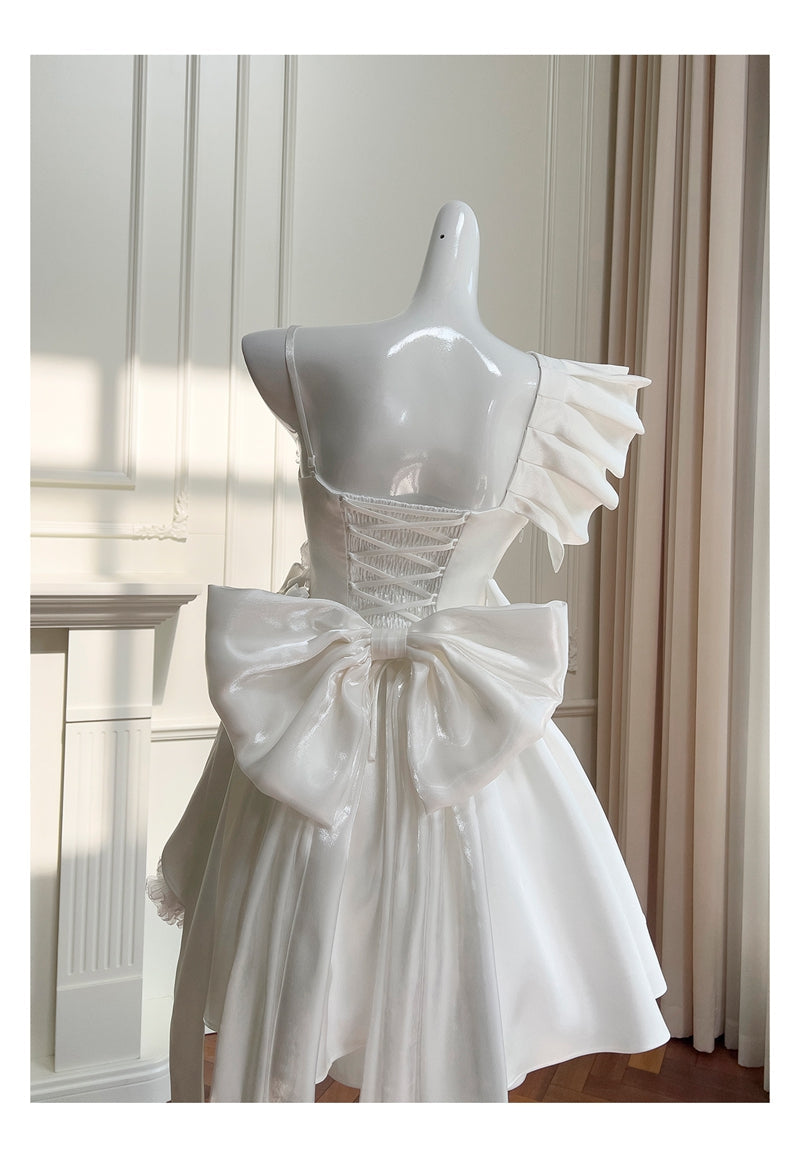 Cute A Line One Shoulder White Satin Short Mini Formal 8th Grade Homecoming Dresses High School Hoco Court Dress Graduation Dress Cocktail Outfits DH1898
