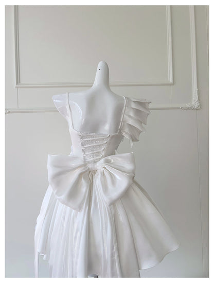Cute A Line One Shoulder White Satin Short Mini Formal 8th Grade Homecoming Dresses High School Hoco Court Dress Graduation Dress Cocktail Outfits DH1898