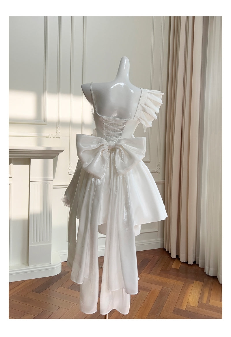 Cute A Line One Shoulder White Satin Short Mini Formal 8th Grade Homecoming Dresses High School Hoco Court Dress Graduation Dress Cocktail Outfits DH1898