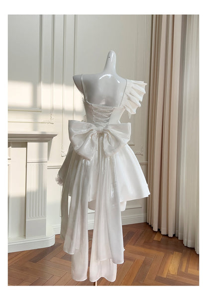 Cute A Line One Shoulder White Satin Short Mini Formal 8th Grade Homecoming Dresses High School Hoco Court Dress Graduation Dress Cocktail Outfits DH1898