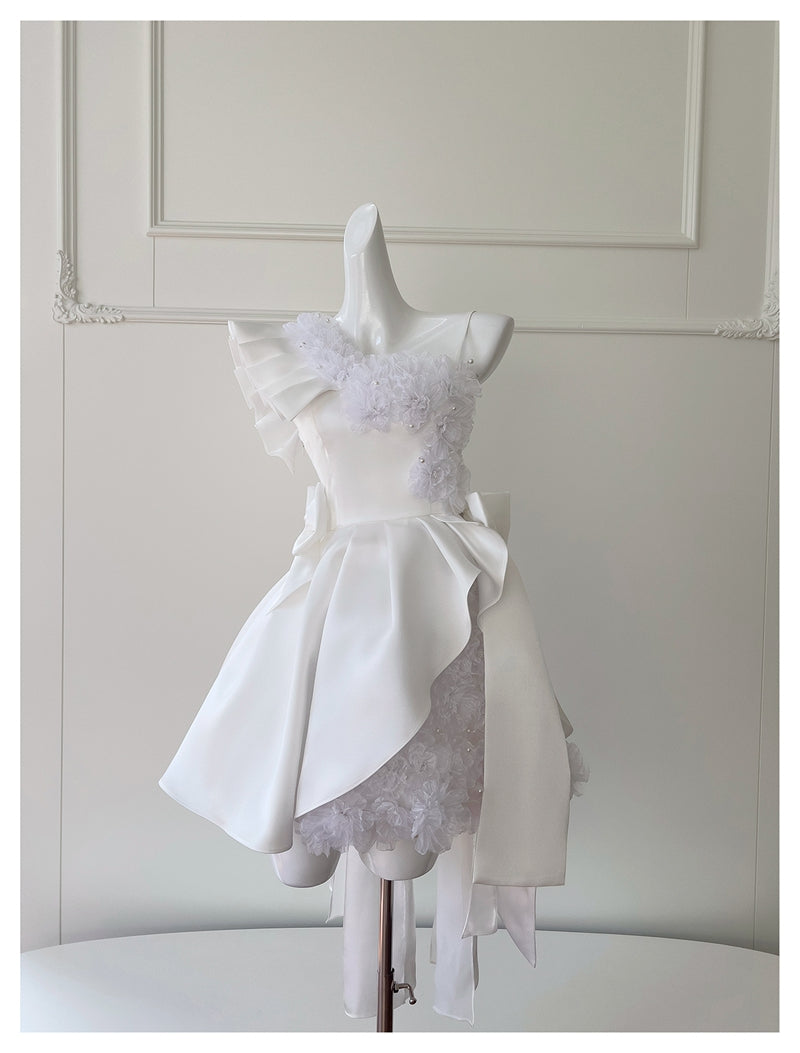 Cute A Line One Shoulder White Satin Short Mini Formal 8th Grade Homecoming Dresses High School Hoco Court Dress Graduation Dress Cocktail Outfits DH1898