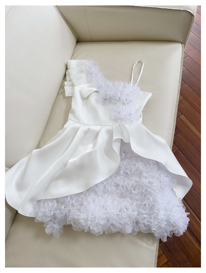 Cute A Line One Shoulder White Satin Short Mini Formal 8th Grade Homecoming Dresses High School Hoco Court Dress Graduation Dress Cocktail Outfits DH1898