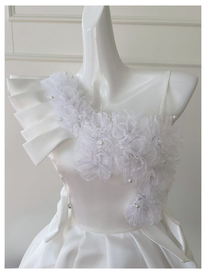 Cute A Line One Shoulder White Satin Short Mini Formal 8th Grade Homecoming Dresses High School Hoco Court Dress Graduation Dress Cocktail Outfits DH1898