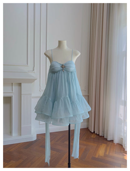 Cute A Line Spaghetti Straps Blue Backless Grad Dress Inspo Short Mini Formal 8th Grade Homecoming Dresses High School Hoco Court Dress Graduation Dress Hoco Outfits DH1904