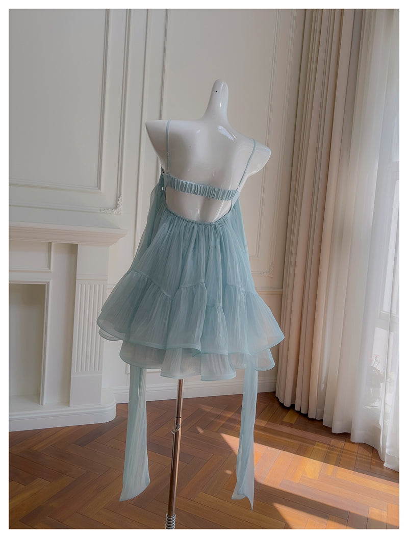Cute A Line Spaghetti Straps Blue Backless Grad Dress Inspo Short Mini Formal 8th Grade Homecoming Dresses High School Hoco Court Dress Graduation Dress Hoco Outfits DH1904