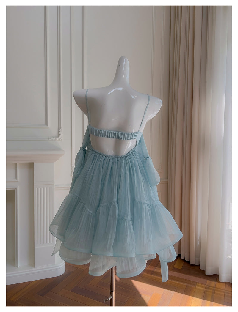 Cute A Line Spaghetti Straps Blue Backless Grad Dress Inspo Short Mini Formal 8th Grade Homecoming Dresses High School Hoco Court Dress Graduation Dress Hoco Outfits DH1904