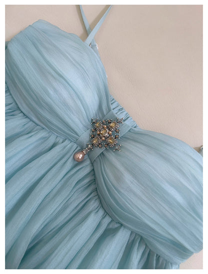 Pretty A Line Spaghetti Straps Blue Open Backs Grad Dress Inspo Short Mini Formal 8th Grade Homecoming Dresses High School Hoco Court Dress Graduation Dress Hoco Outfits D1905