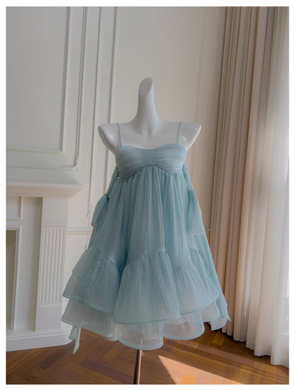 Pretty A Line Spaghetti Straps Blue Open Backs Grad Dress Inspo Short Mini Formal 8th Grade Homecoming Dresses High School Hoco Court Dress Graduation Dress Hoco Outfits D1905