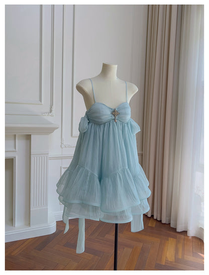 Pretty A Line Spaghetti Straps Blue Open Backs Grad Dress Inspo Short Mini Formal 8th Grade Homecoming Dresses High School Hoco Court Dress Graduation Dress Hoco Outfits D1905