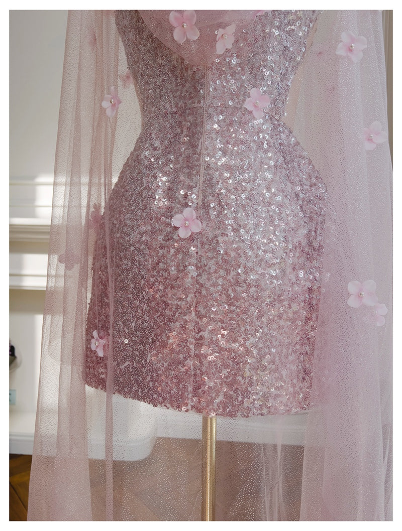 Cute A Line Spaghetti Straps Pink Sequin Grad Dress Inspo Formal 8th Grade Homecoming Dresses High School Hoco Court Dress Graduation Dress Hoco Outfits DH1908