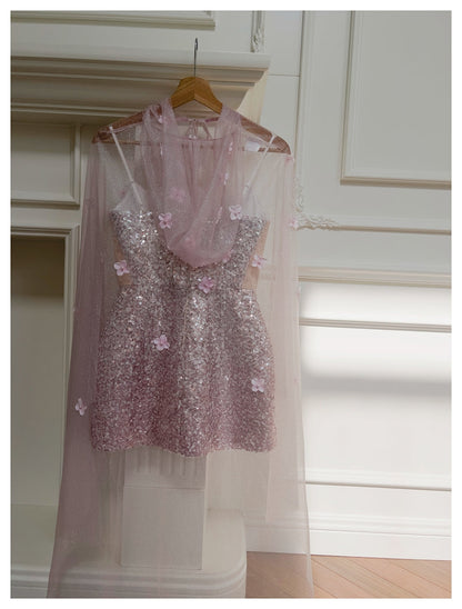 Cute A Line Spaghetti Straps Pink Sequin Grad Dress Inspo Formal 8th Grade Homecoming Dresses High School Hoco Court Dress Graduation Dress Hoco Outfits DH1908