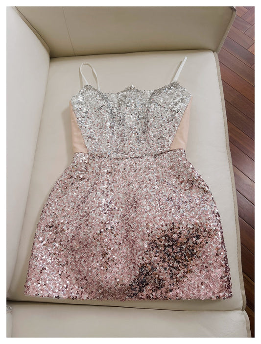 Cute A Line Spaghetti Straps Pink Sequin Grad Dress Inspo Formal 8th Grade Homecoming Dresses High School Hoco Court Dress Short Graduation Dress With Cape DH1909
