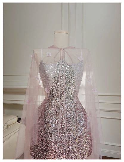 Cute A Line Spaghetti Straps Pink Sequin Grad Dress Inspo Formal 8th Grade Homecoming Dresses High School Hoco Court Dress Short Graduation Dress With Cape DH1909
