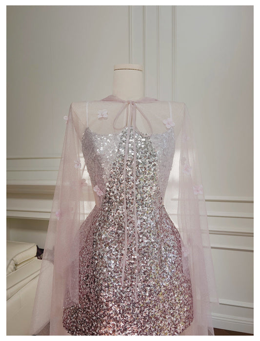 Cute A Line Spaghetti Straps Pink Sequin Grad Dress Inspo Formal 8th Grade Homecoming Dresses High School Hoco Court Dress Short Graduation Dress With Cape DH1909