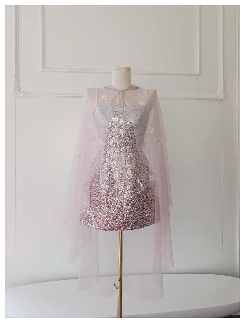 Cute A Line Spaghetti Straps Pink Sequin Grad Dress Inspo Formal 8th Grade Homecoming Dresses High School Hoco Court Dress Short Graduation Dress With Cape DH1909