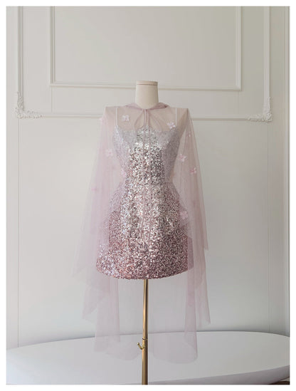 Cute A Line Spaghetti Straps Pink Sequin Grad Dress Inspo Formal 8th Grade Homecoming Dresses High School Hoco Court Dress Short Graduation Dress With Cape DH1909