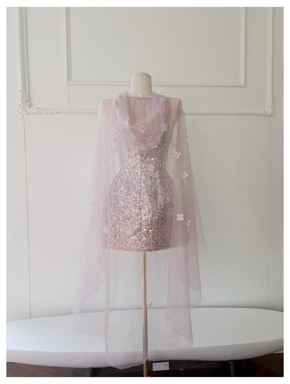Cute A Line Spaghetti Straps Pink Sequin Grad Dress Inspo Formal 8th Grade Homecoming Dresses High School Hoco Court Dress Short Graduation Dress With Cape DH1909