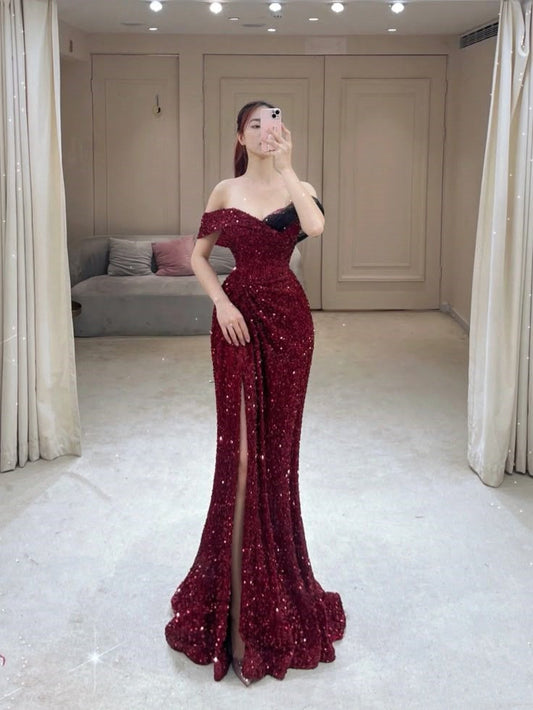 Vestido de fiesta largo de sirena con hombros descubiertos y lentejuelas color burdeos, estilo glamuroso, para noche, formal, especial, vestido de graduación DH190