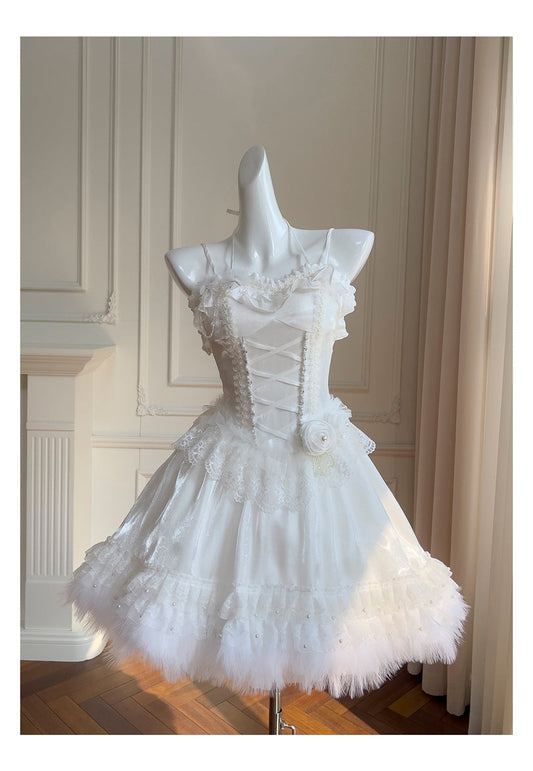 Pretty Ball Gown Spaghetti Straps Corset Back White Grad Dress Inspo Short Mini Formal 8th Grade Homecoming Dresses High School Hoco Court Dress Graduation Dress Hoco Outfits DH1912