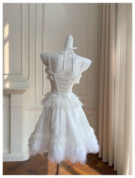 Pretty Ball Gown Spaghetti Straps Corset Back White Grad Dress Inspo Short Mini Formal 8th Grade Homecoming Dresses High School Hoco Court Dress Graduation Dress Cocktail Birthday Outfits DH1913