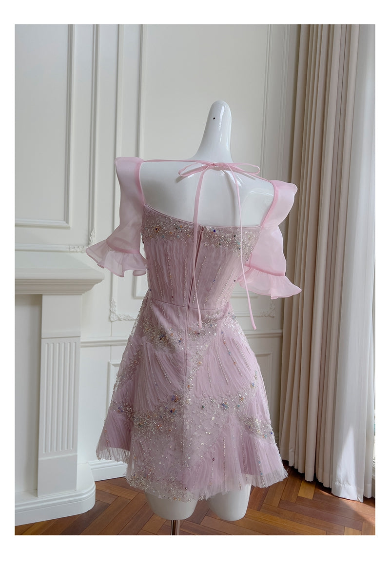 Cute A Line Square Neck Pink Sequin Grad Dress Inspo Short Mini Formal 8th Grade Homecoming Dresses High School Hoco Court Dress Graduation Dress Cocktail Dress 16th Birthday Outfits DH1916